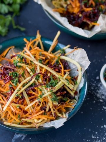 These Vegetable Matchstick Fries with Homemade Herb Salt make a great, colourful snack. A nice change from regular fries!
