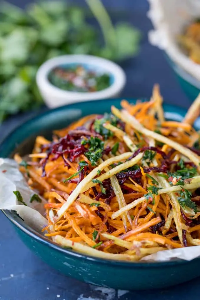 These Vegetable Matchstick Fries with Homemade Herb Salt make a great, colourful snack. A nice change from regular fries!