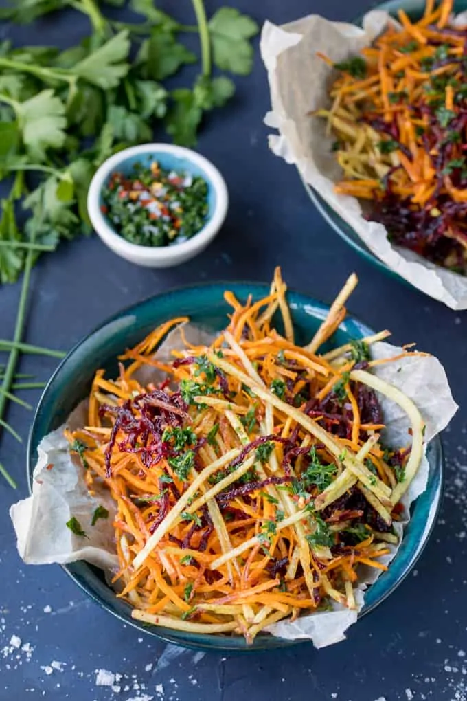 These Vegetable Matchstick Fries with Homemade Herb Salt make a great, colourful snack. A nice change from regular fries!
