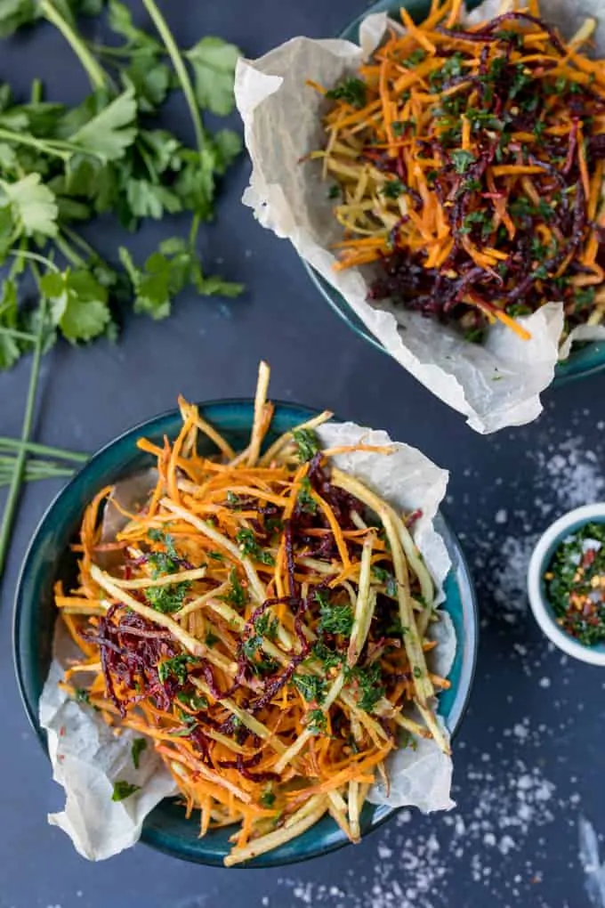 These Vegetable Matchstick Fries with Homemade Herb Salt make a great, colourful snack. A nice change from regular fries!