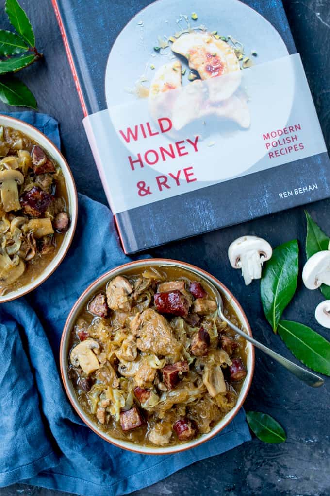 A Polish Classic - Hunter's Stew - or Bigos - from Ren Behan's new book Wild Honey and Rye! Made with polish sausage, pork and mushrooms!