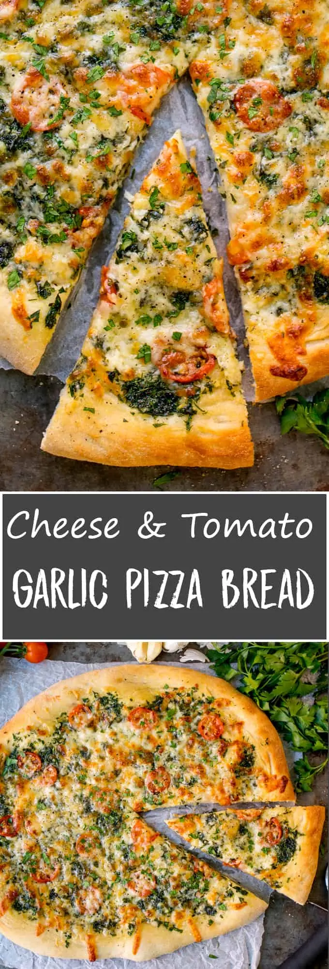 Homemade Cheese and Tomato Garlic Pizza Bread - a crisp dough with that perfect chewy interior, loaded with garlic, tomatoes and two types of cheese!
