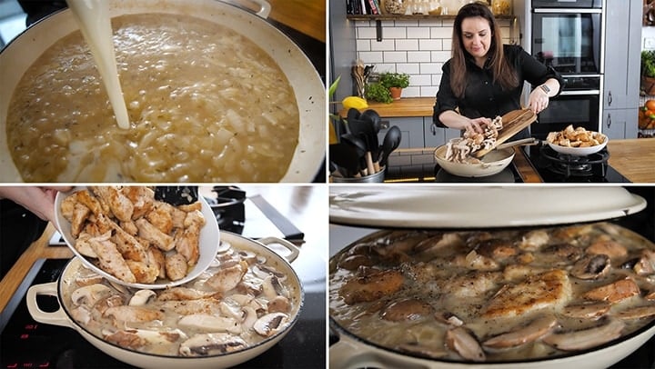 Collage of finishing steps for making creamy chicken casserole - including bubbling the sauce, adding mushrooms and chicken and putting the lid on to simmer.