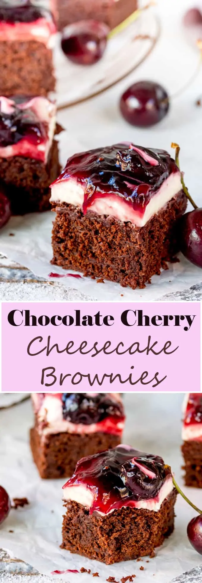 Hooray for two desserts in one with these Chocolate Cherry Cheesecake Brownies! Easily made gluten free! A brilliant party dessert!