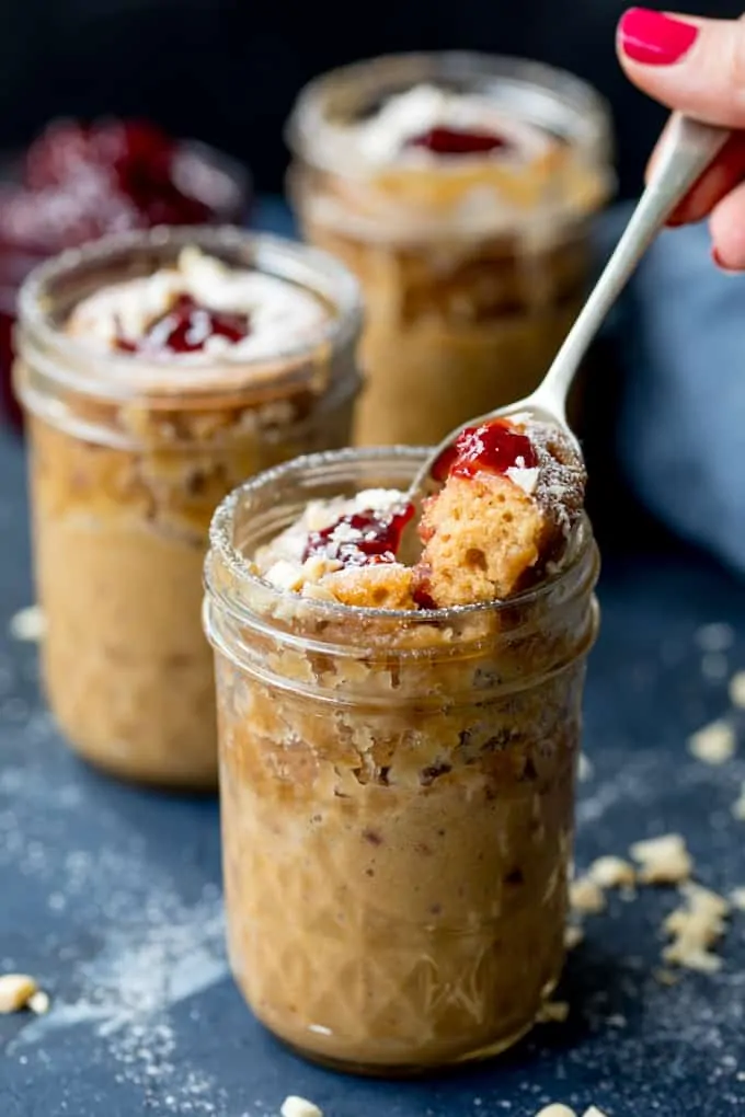 This PB&J mug cake is ready in 5 minutes - perfect when you need something sweet now!