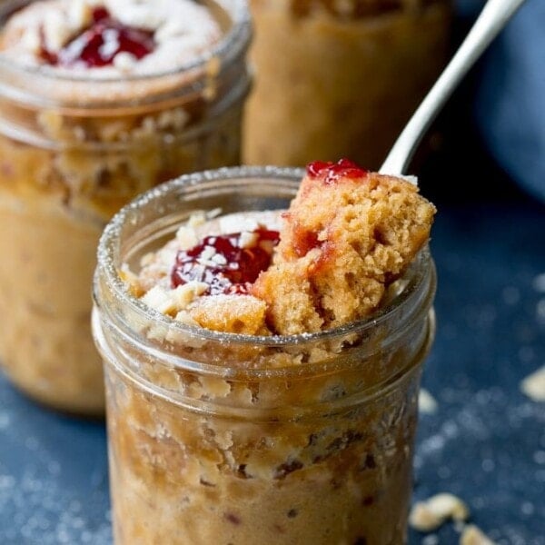 This PB&J mug cake is ready in 5 minutes - perfect when you need something sweet now!