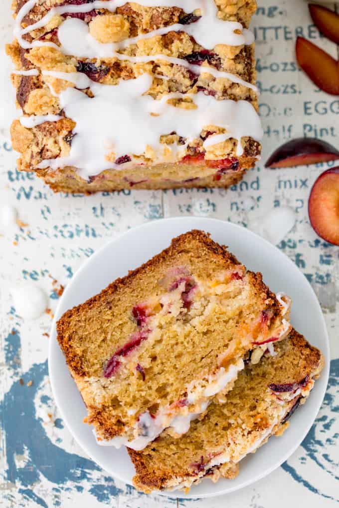 Plum Crumble Bread - with a crunchy, buttery streusel topping and almond icing drizzle! A delicious treat for brunch or afternoon tea!