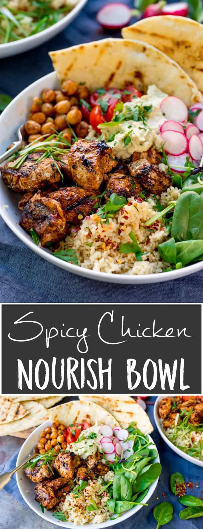 Spicy Chicken Nourish Bowl - A filling and nutritious warm salad, with middle eastern flavours -perfect for Fall. A healthier Autumn dinner.