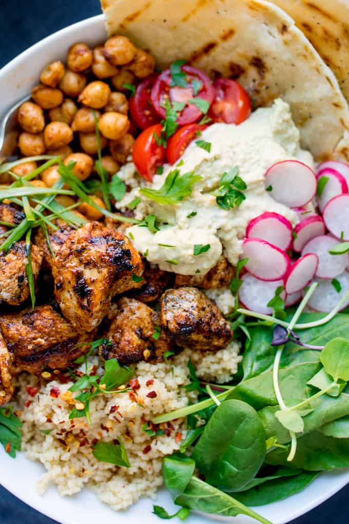 Spicy Chicken Nourish Bowl - A filling and nutritious warm salad, with middle eastern flavours -perfect for Fall. A healthier Autumn dinner.