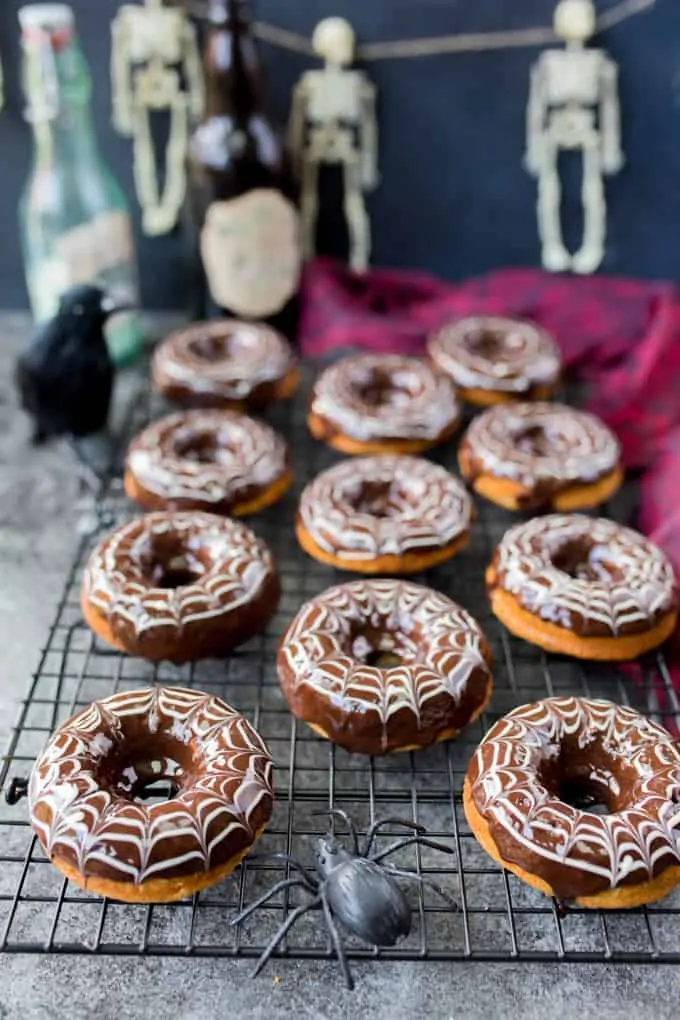 These baked Halloween Spider Web Doughnuts are easy to make and look fab on your party table!