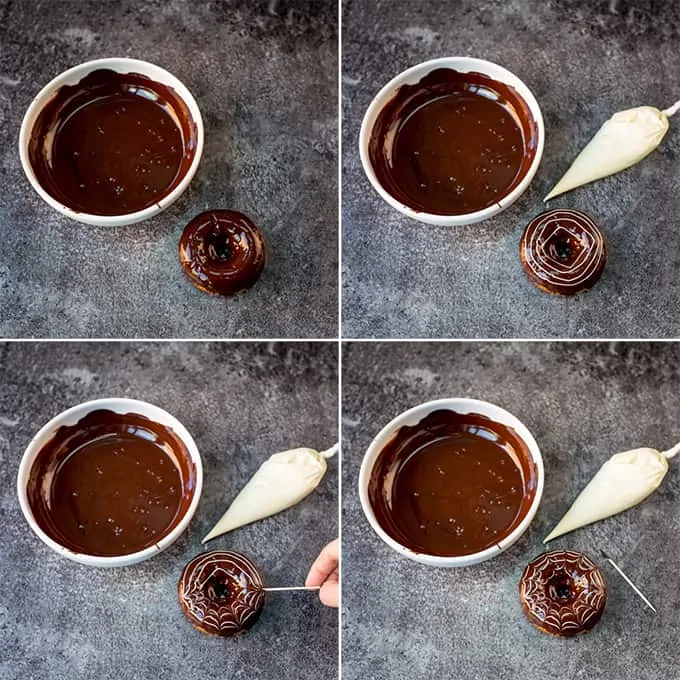 These baked Halloween Spider Web Doughnuts are easy to make and look fab on your party table!