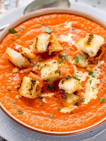 Hidden Veg Tomato Soup with Gruyere Bacon Croutons - yep, this winter soup makes a scrumptiously satisfying dinner! Easy to make gluten free too!