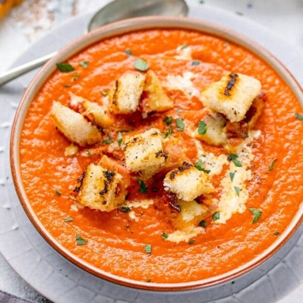 Hidden Veg Tomato Soup with Gruyere Bacon Croutons - yep, this winter soup makes a scrumptiously satisfying dinner! Easy to make gluten free too!