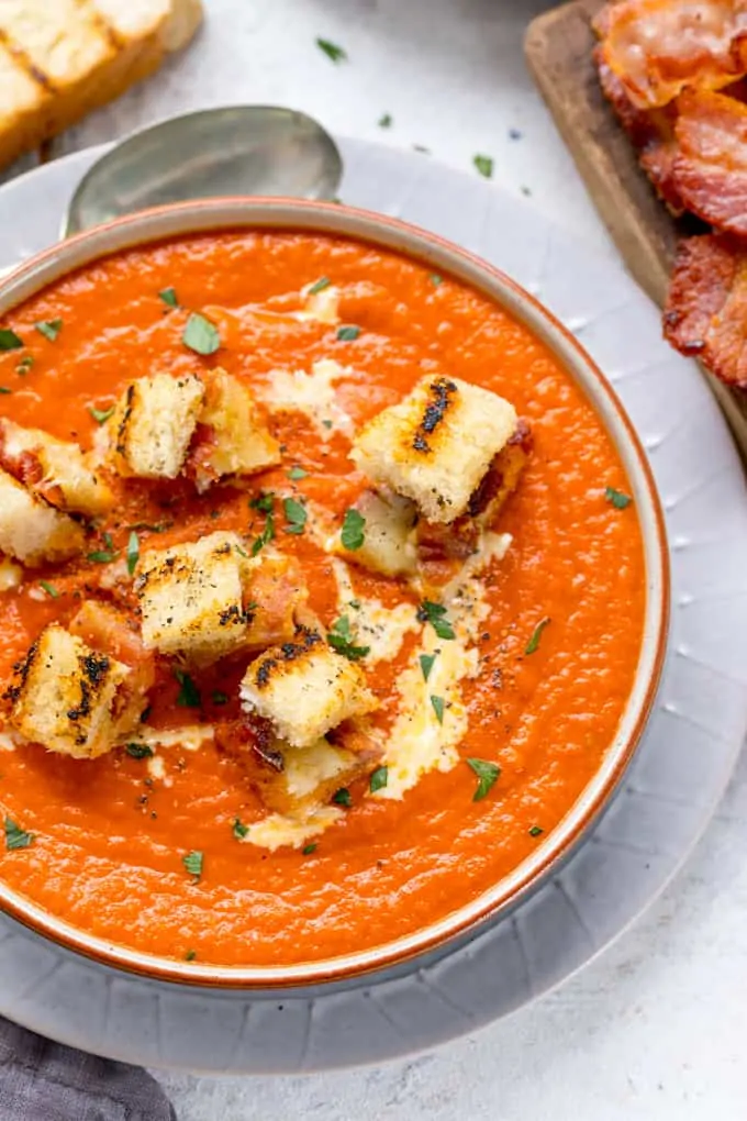 Hidden Veg Tomato Soup with Gruyere Bacon Croutons - yep, this winter soup makes a scrumptiously satisfying dinner! Easy to make gluten free too!