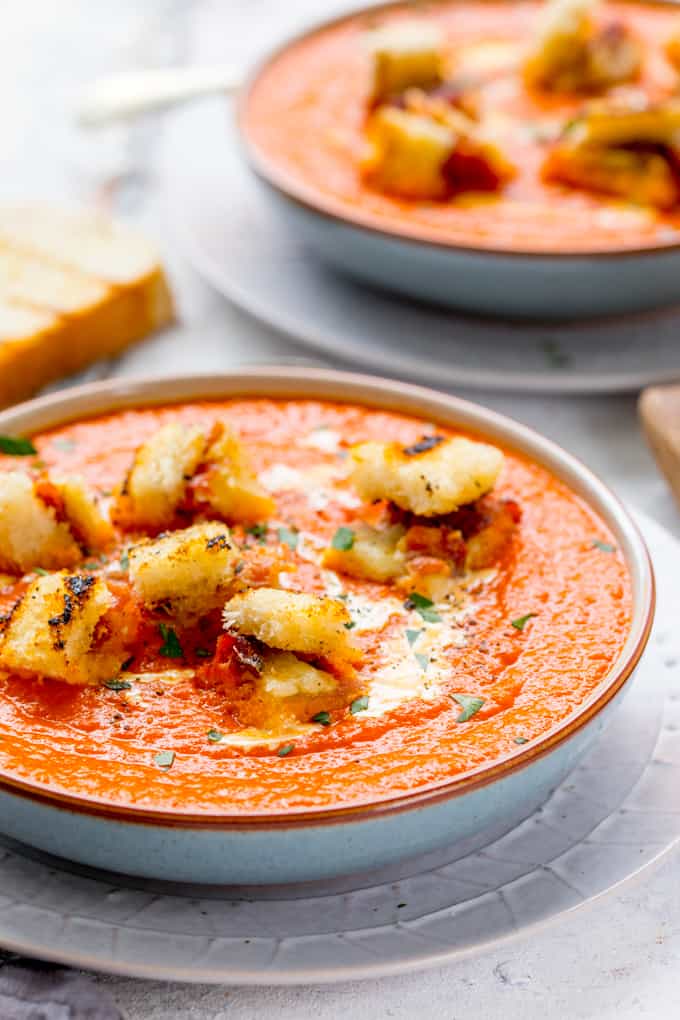Hidden Veg Tomato Soup with Gruyere Bacon Croutons - yep, this winter soup makes a scrumptiously satisfying dinner! Easy to make gluten free too!