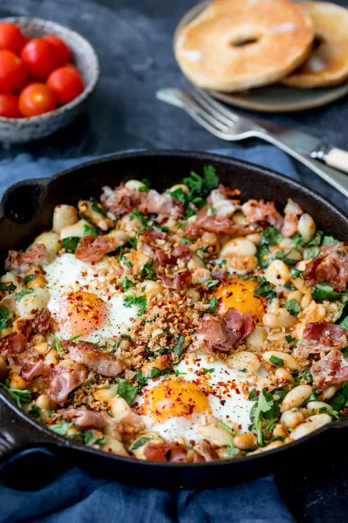 Close in photo of Spicy Egg Breakfast in a skillet