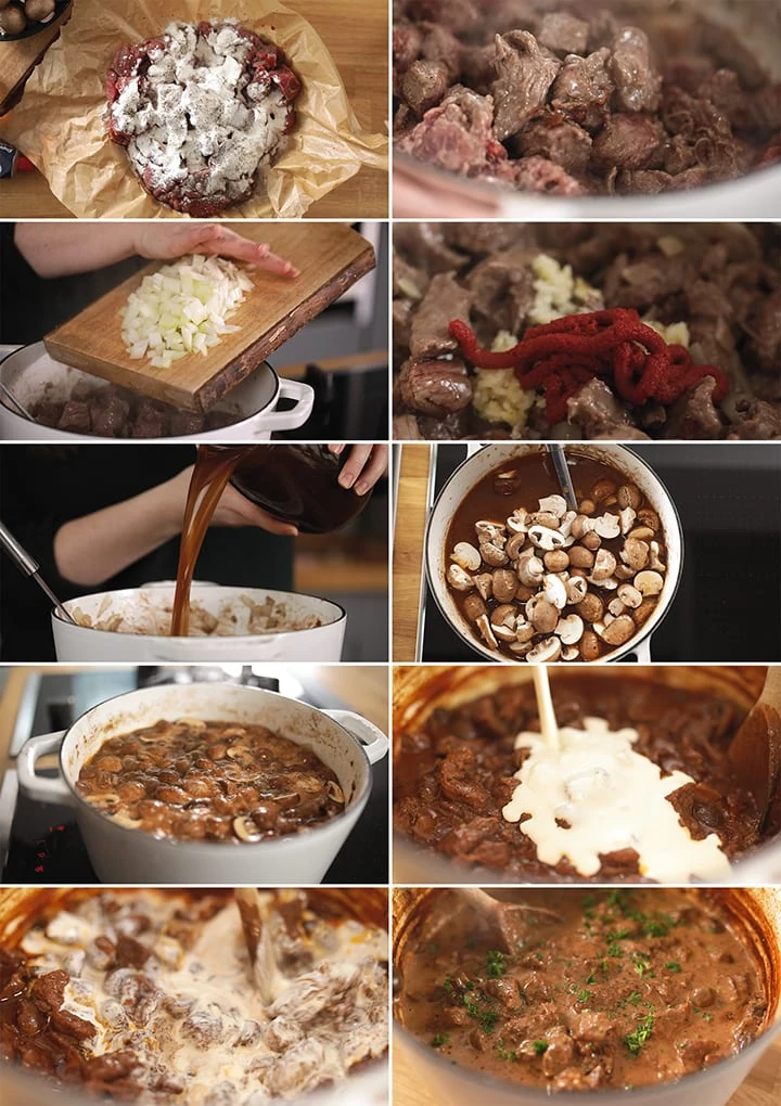 10 image collage showing how to make steak diane casserole