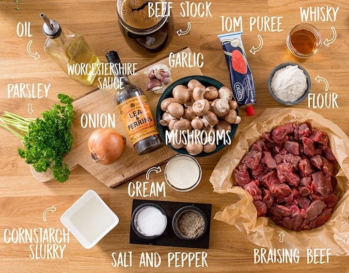 Ingredients for steak diane casserole on a wooden table