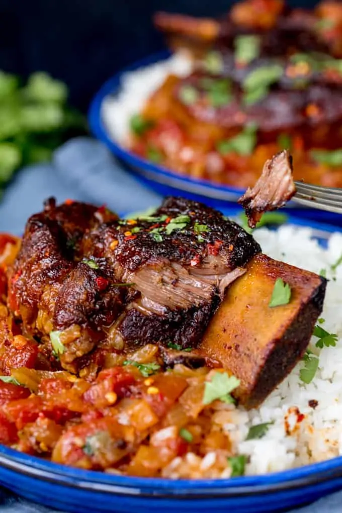 Close up of Caramelized Slow Roast Asian Beef Short Ribs on a bed of rice and tomato sauce