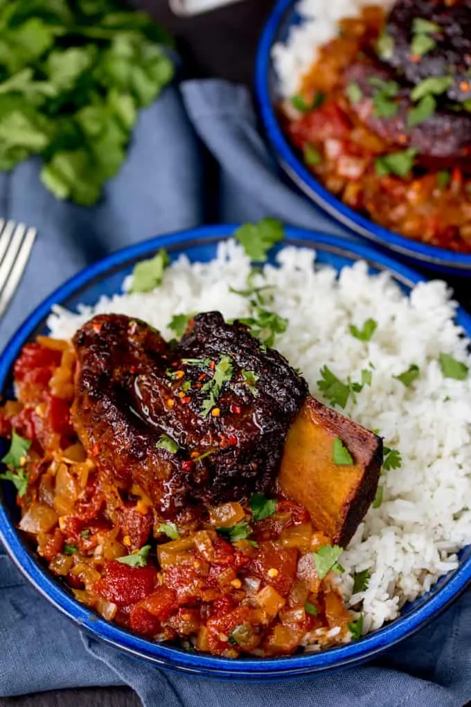 Overhead Photo of a Bowl with Rice and Caramelized Slow Roast Asian Beef Short Ribs