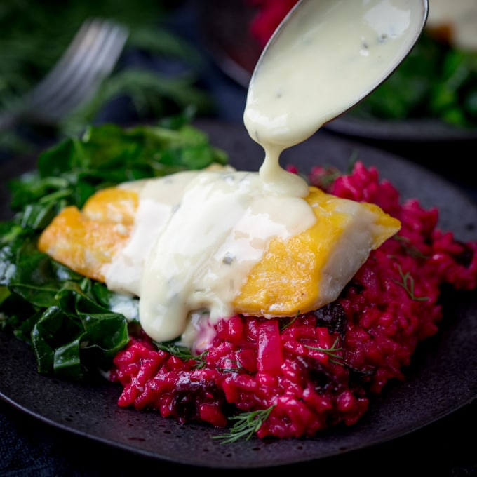 Smoked Haddock with Beetroot Risotto and Garlicky Greens - a colourful and balanced dinner that everyone will love. Full of flavour!!