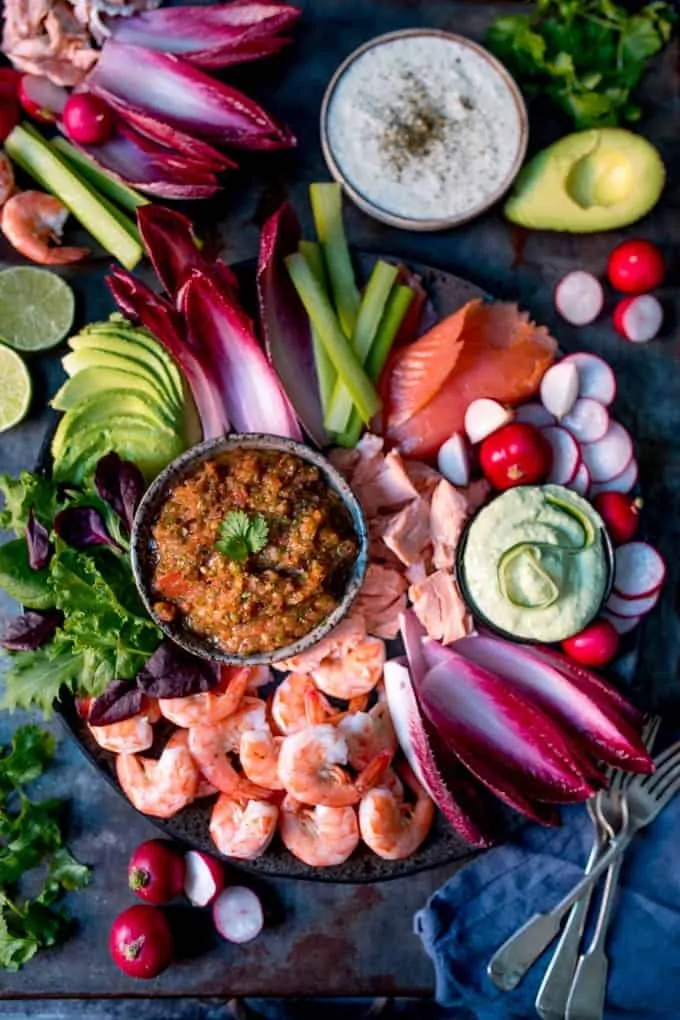 Overhead photo of Seafood Party Platter with three different dips