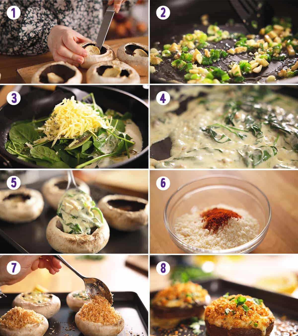 8 image collage showing how to make stuffed mushrooms