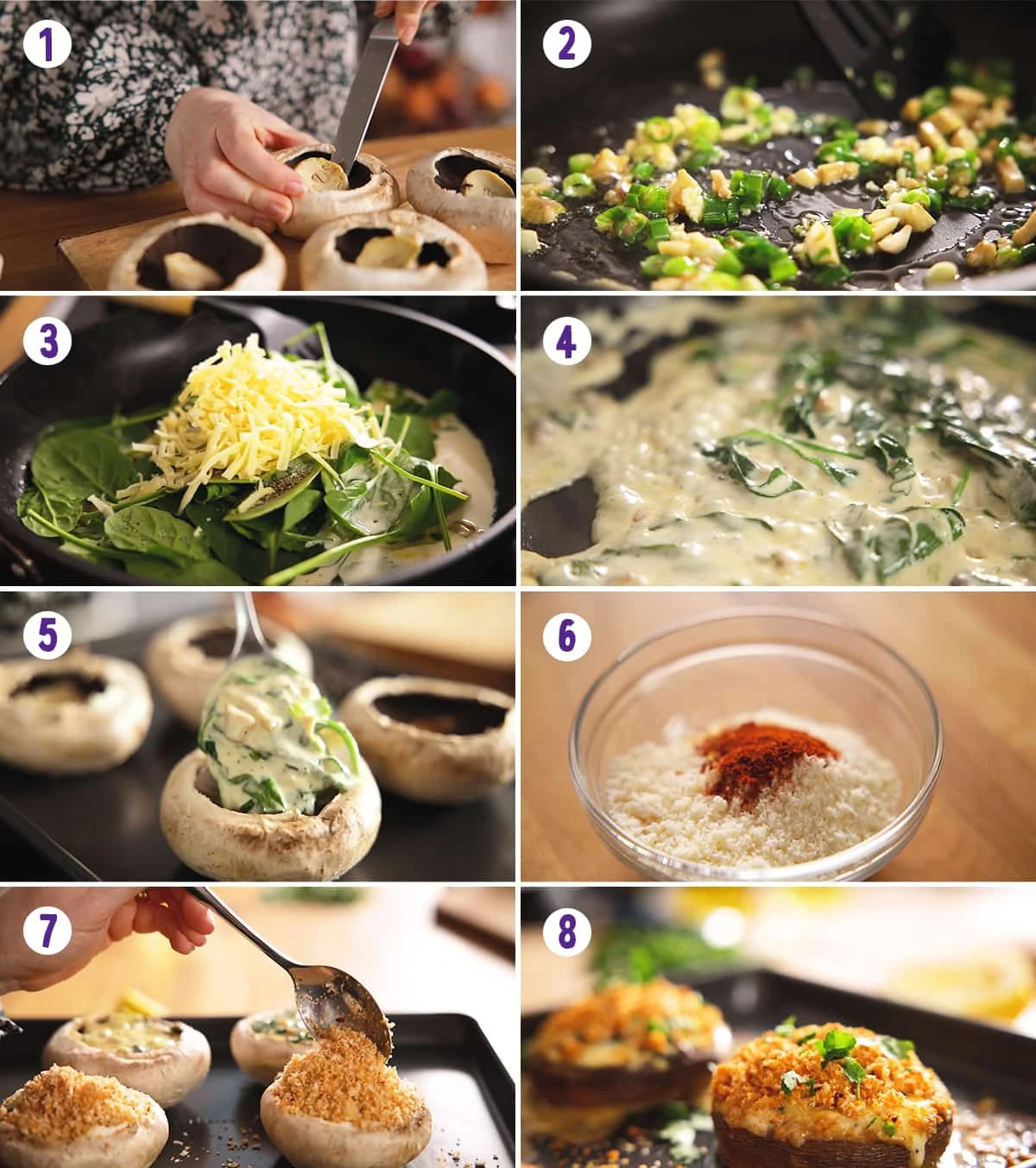 8 image collage showing how to make stuffed mushrooms