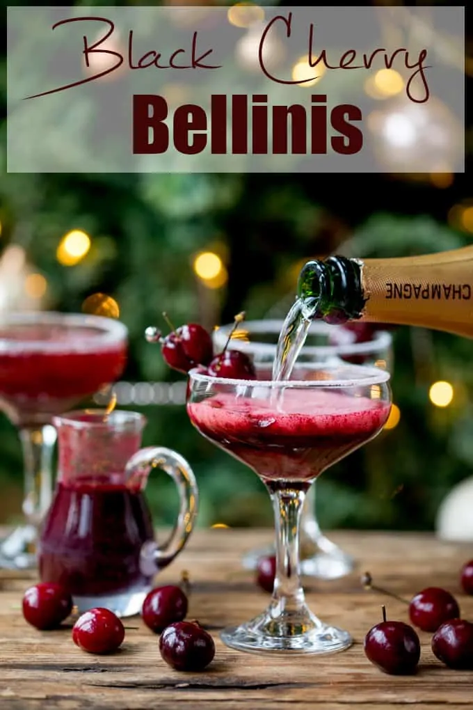 New Year's Eve Cocktail? Make the fruit puree ahead of time for this Black Cherry Bellini cocktail so you can serve up them up in super-quick time! #newyearseve #cocktail #blackcherry #bellini