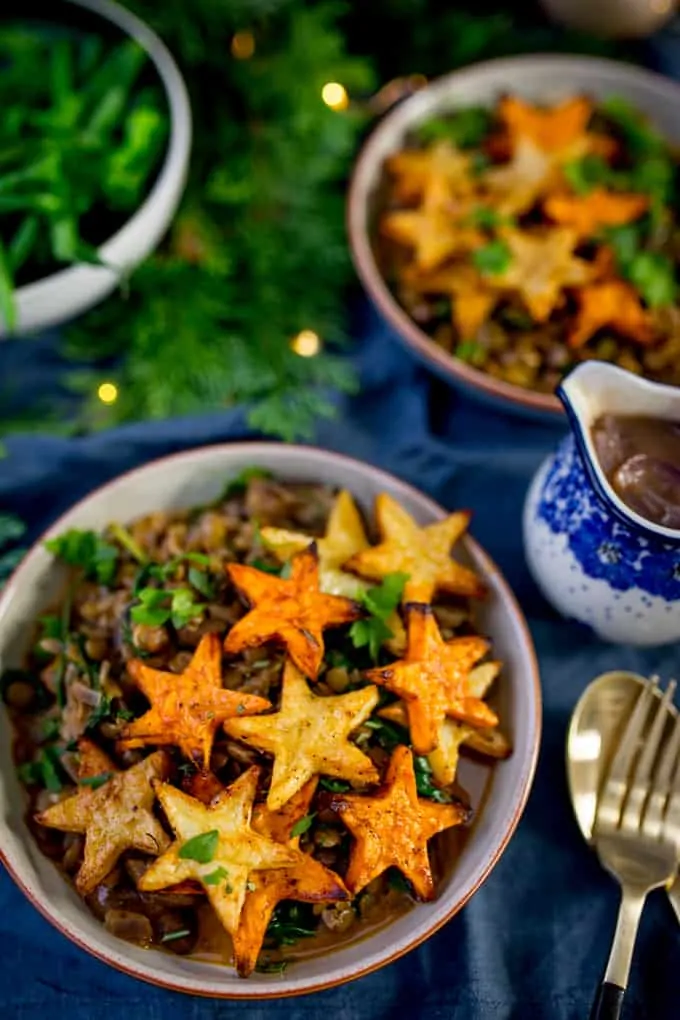 Two Bowls Lentil and Mushroom with Star Potatoes 