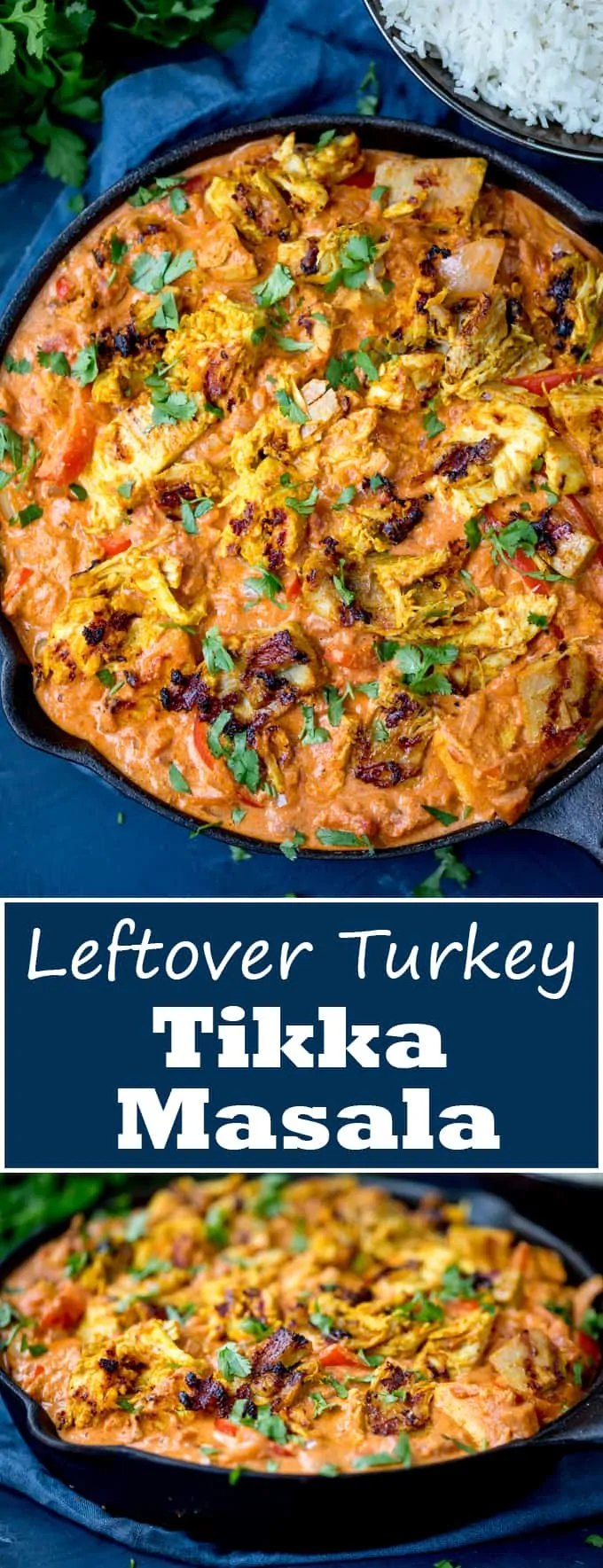 Use up that leftover turkey with this spicy-as-you-like Turkey Tikka Masala! Cream and delicious, it's on the kids and adults will enjoy. Gluten free too! #leftoverturkey #leftoverturkeyrecipe #glutenfreedinner #glutenfreecurry #boxingdaycurry