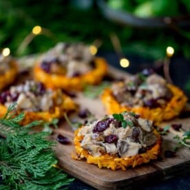 Parsnip and Carrot Rostis with Mushrooms and Wensleydale Sauce - a delicious Vegetarian Christmas dinner idea that isn't nut roast!
