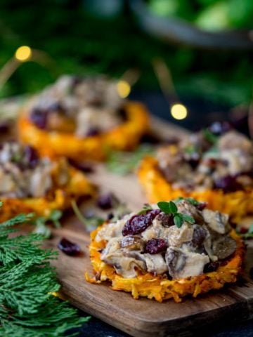 Parsnip and Carrot Rostis with Mushrooms and Wensleydale Sauce - a delicious Vegetarian Christmas dinner idea that isn't nut roast!