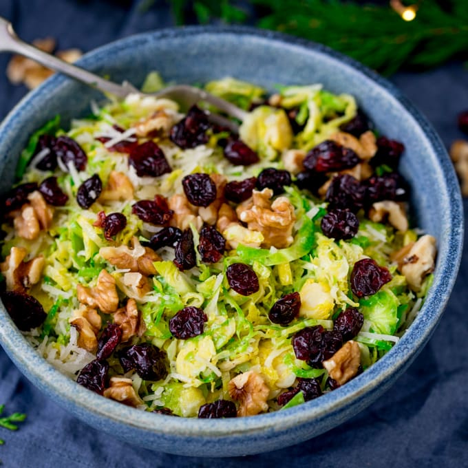 Blue bSquare image of a bowl with shaved sprouts topped with cranberries, walnuts and parmesan in a honey mustard dressing