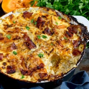 Squash and Potato Gratin with Bacon (and lots of cheese!) makes a great side dish, or even a main with a salad. Gluten free too!