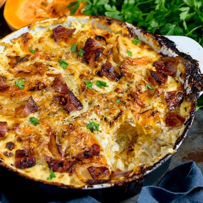 Squash and Potato Gratin with Bacon (and lots of cheese!) makes a great side dish, or even a main with a salad. Gluten free too!