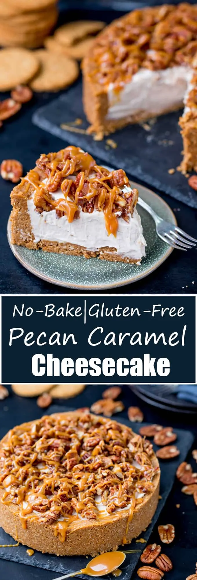 This Winter Spiced Pecan Caramel Cheesecake is an ideal dish for a celebration party table! It's also make ahead, no bake and gluten free! #glutenfreecheesecake #nobakecheesecake #caramelpecan #pecancheesecake #christmasdessert