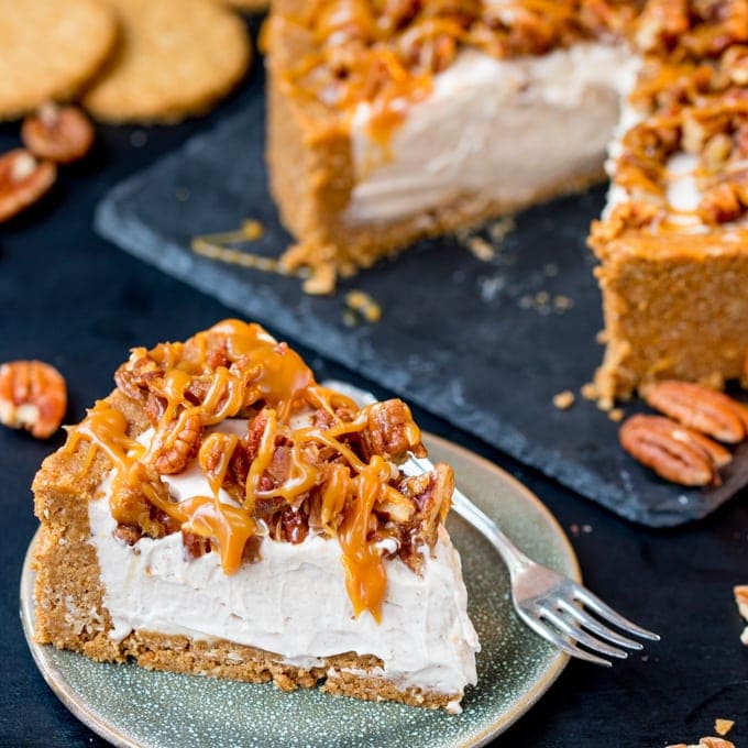 Winter Spiced Pecan Caramel Cheesecake - no bake and gluten free!