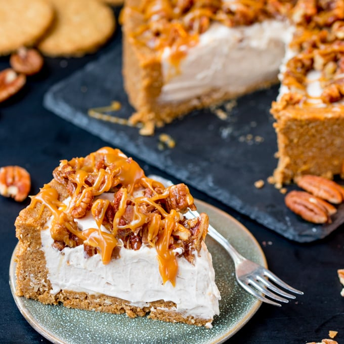 This Winter Spiced Pecan Caramel Cheesecake is an ideal dish for a celebration party table! It's also make ahead, no bake and gluten free!