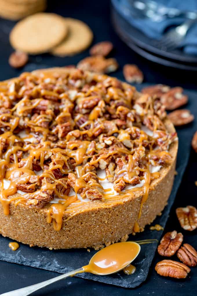 ThisÂ Winter Spiced Pecan Caramel Cheesecake is an ideal dish for a celebration party table! It's also make ahead, no bake and gluten free!