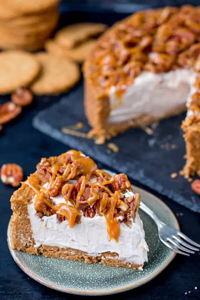 This Winter Spiced Pecan Caramel Cheesecake is an ideal dish for a celebration party table! It's also make ahead, no bake and gluten free!