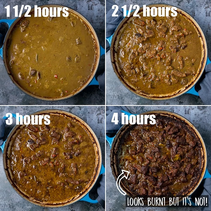 4 image collage showing different stages of liquid reducing during cooking of beef rendang