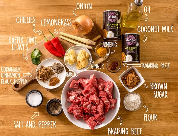 Ingredients for beef rendang on a wooden table