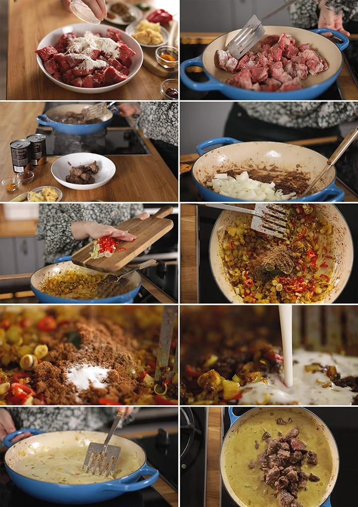 10 image collage showing how to make beef rendang