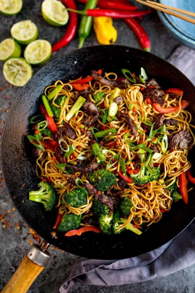 My Crispy Chilli Beef Noodles can be on the table in 20 minutes. A great alternative to that Chinese takeaway!