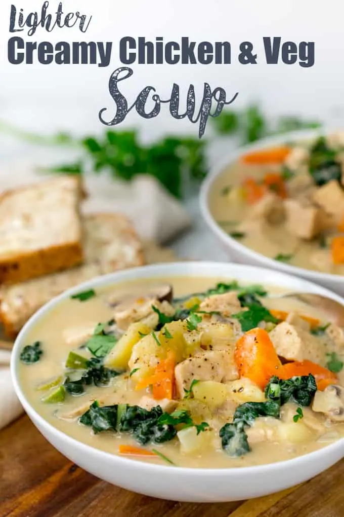 This Creamy Chicken and Vegetable Soup uses milk instead of cream for a lighter dinner! #chickensoup #lightersoup #chickenvegetablesoup #comfortfood