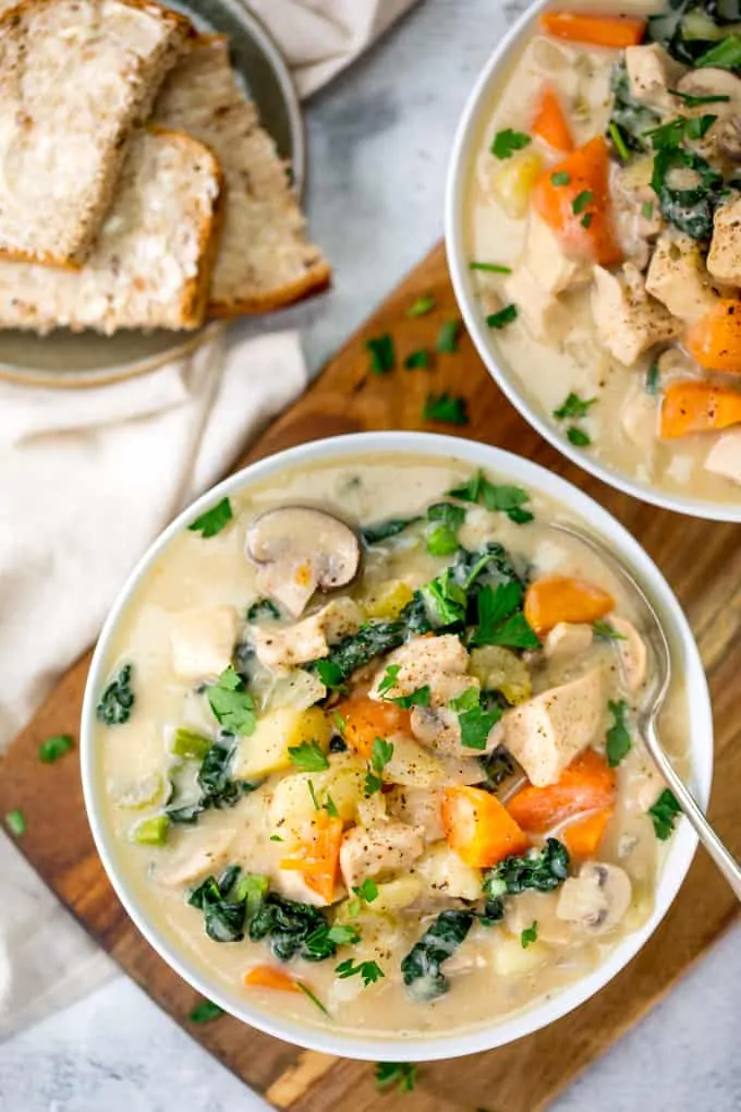 This Creamy Chicken and Vegetable Soup uses milk instead of cream for a lighter dinner!