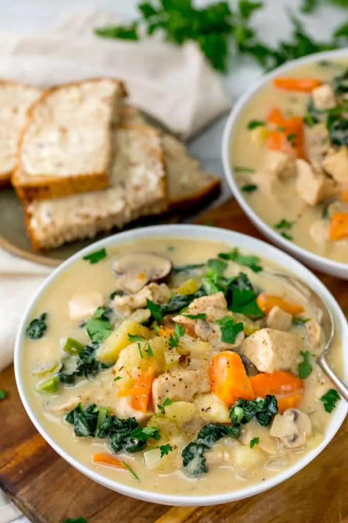 This Creamy Chicken and Vegetable Soup uses milk instead of cream for a lighter dinner!