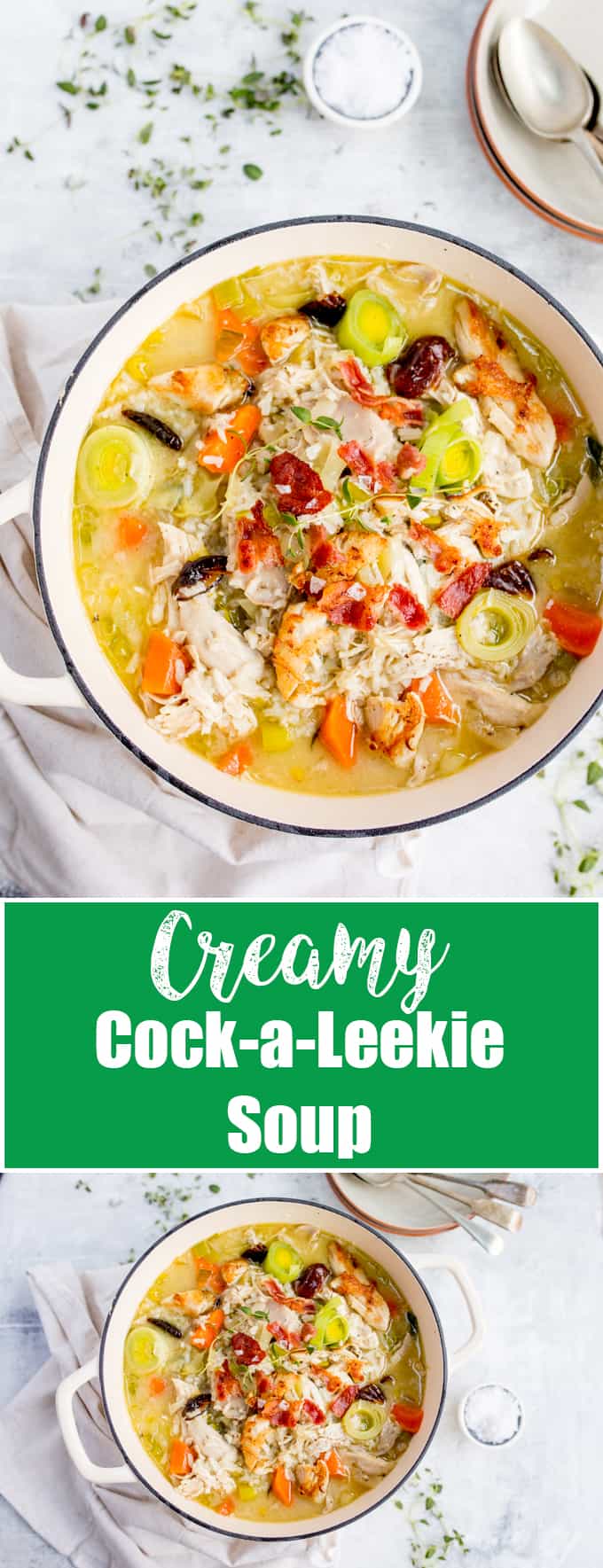 If you're looking for a filling and warming dinner, this Creamy Cock a Leekie Soup with Bacon and Rice is just the thing! #chickensoup #creamysoup #scottishrecipe #bacon