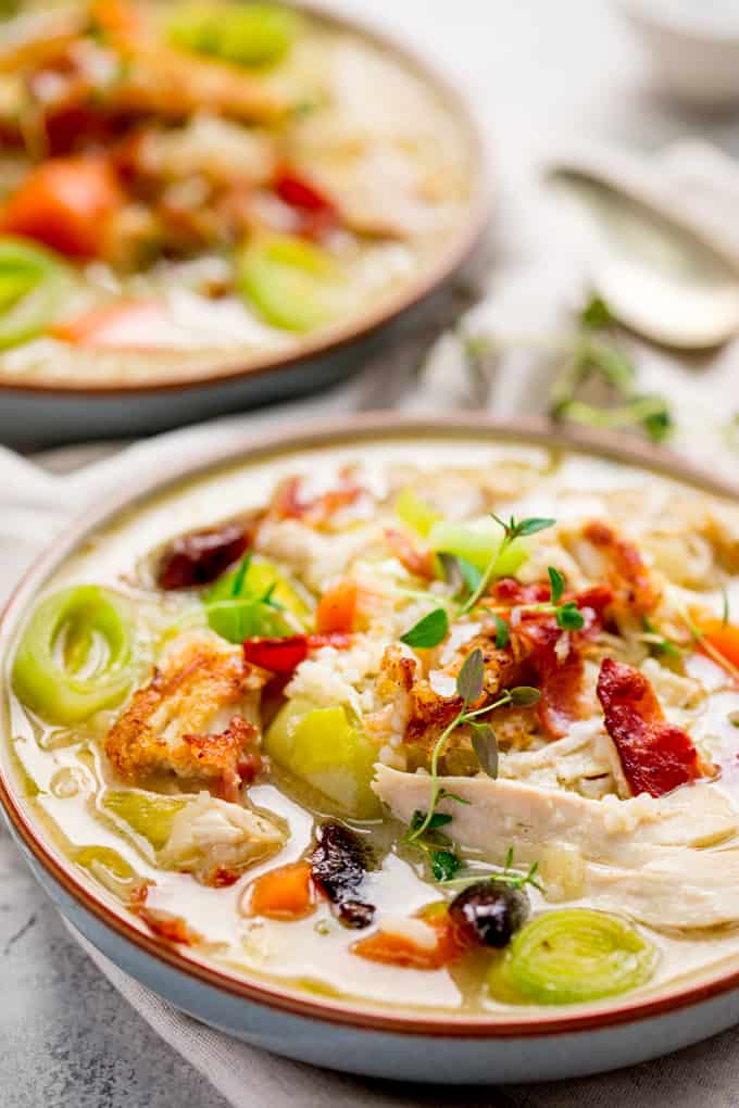If you're looking for a filling and warming dinner, this Creamy Cock a Leekie Soup with Bacon and Rice is just the thing!